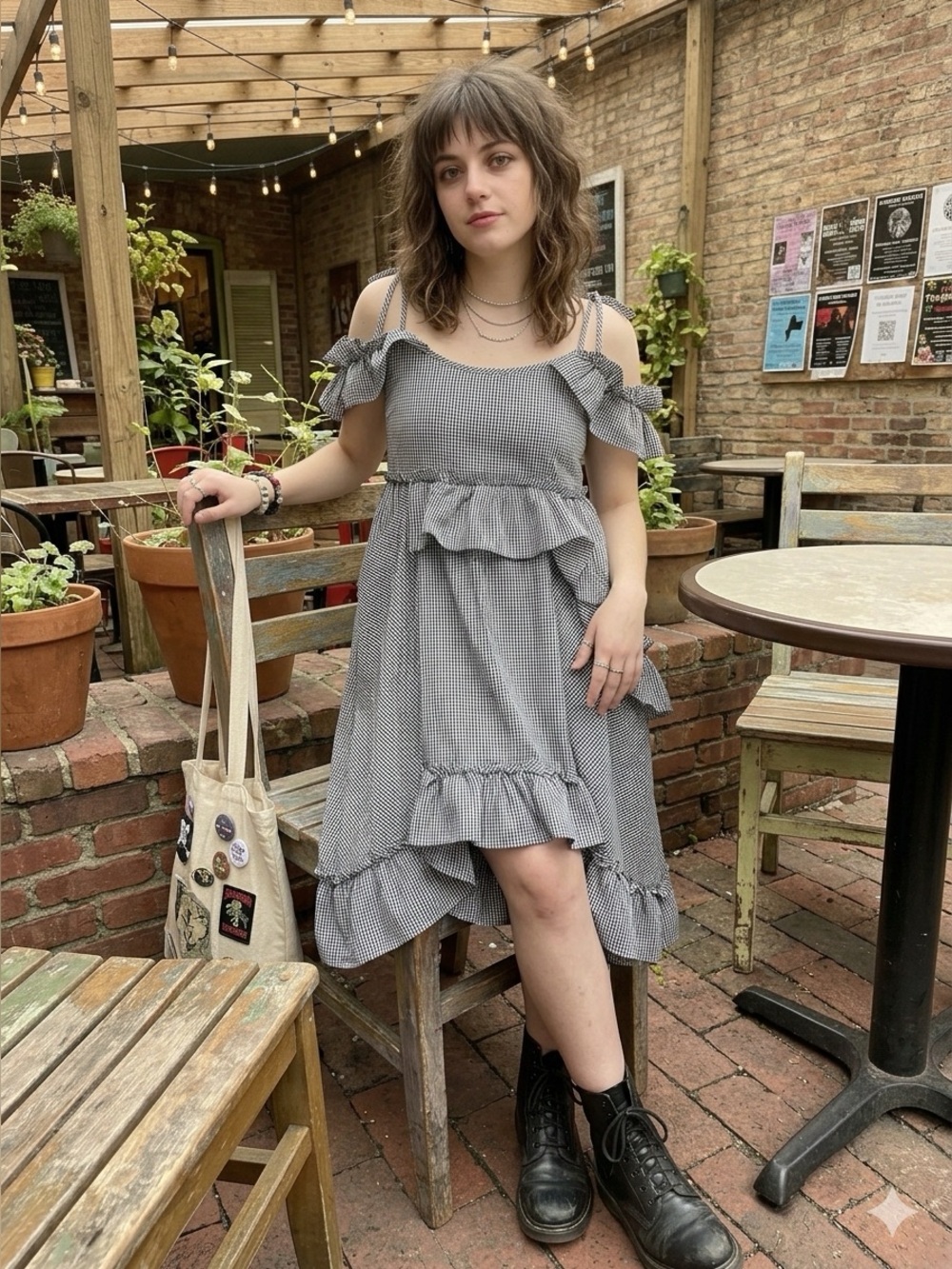 CQbyCQ Gingham Asymmetrical Tiered Ruffle Cami Dress NWOT Size L